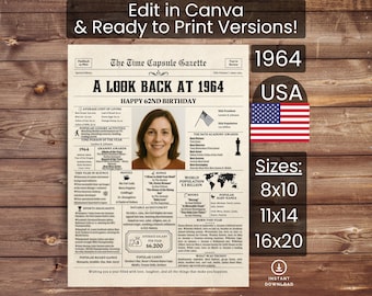 62nd Birthday Poster Newspaper Canva Template, Born in 1964 USA, Sign, Party Decor, Gift, Custom Personalized Printable Instant Download