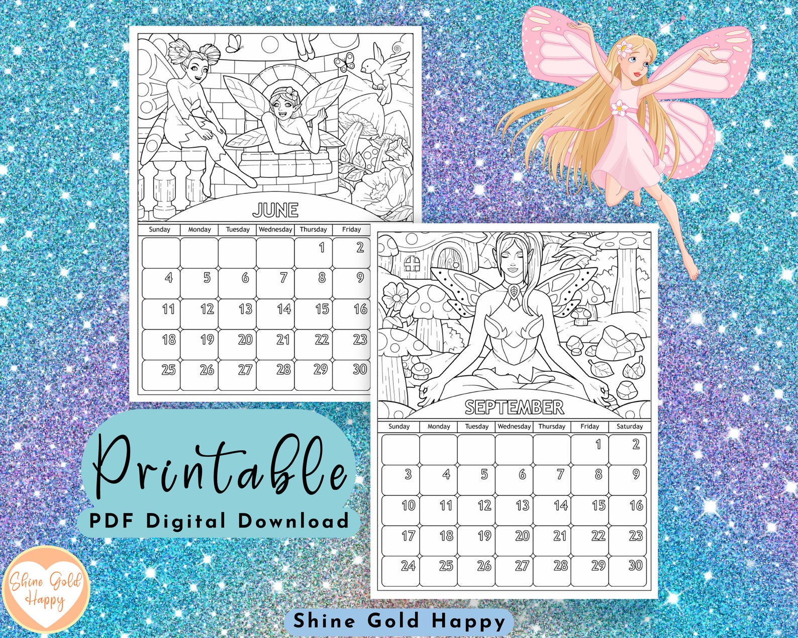 2023 Fairy Coloring Calendar Printable Calendar 2023 PDF - Etsy