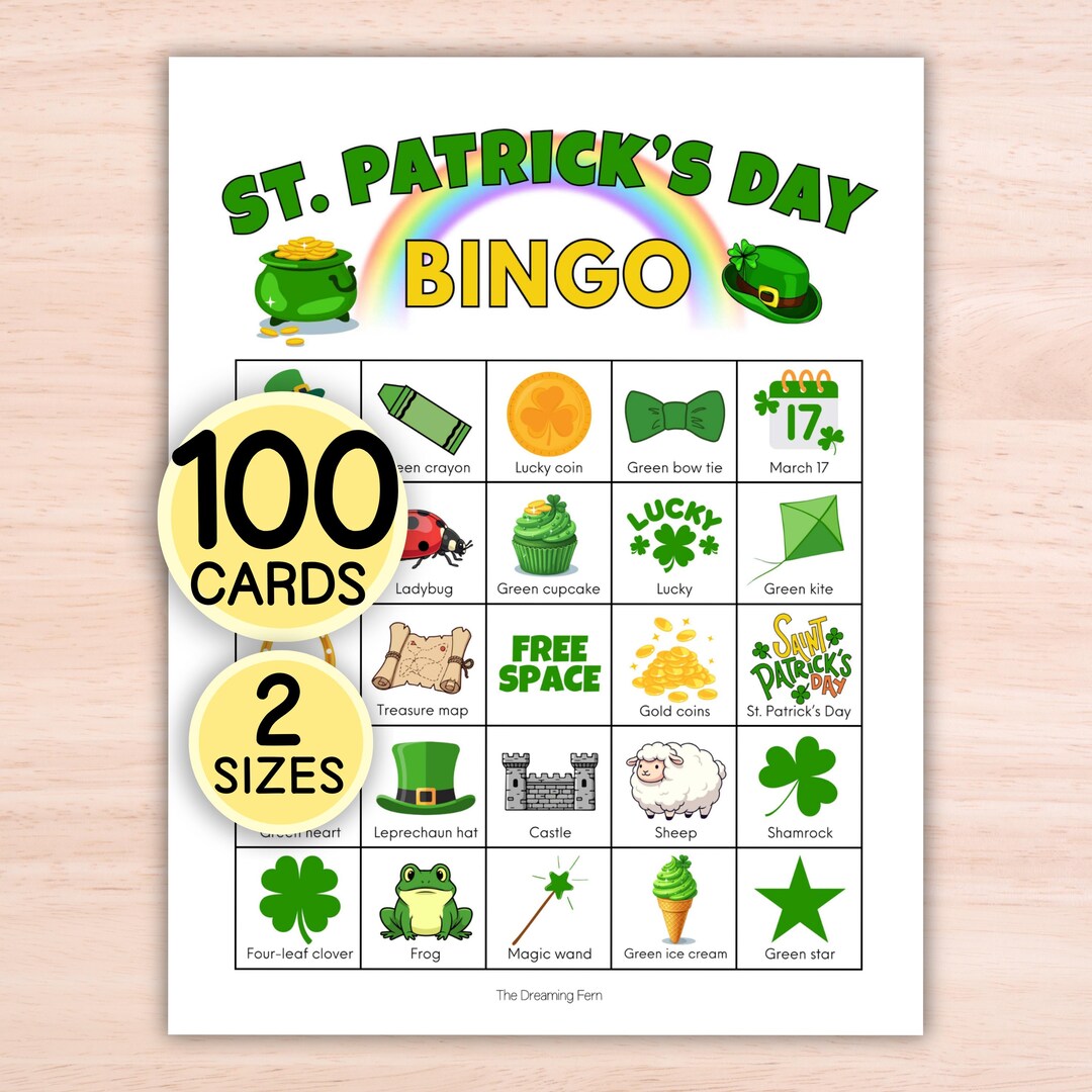 St. Patricks Day Bingo Cards Printable Game, 100 Unique Cards, St ...