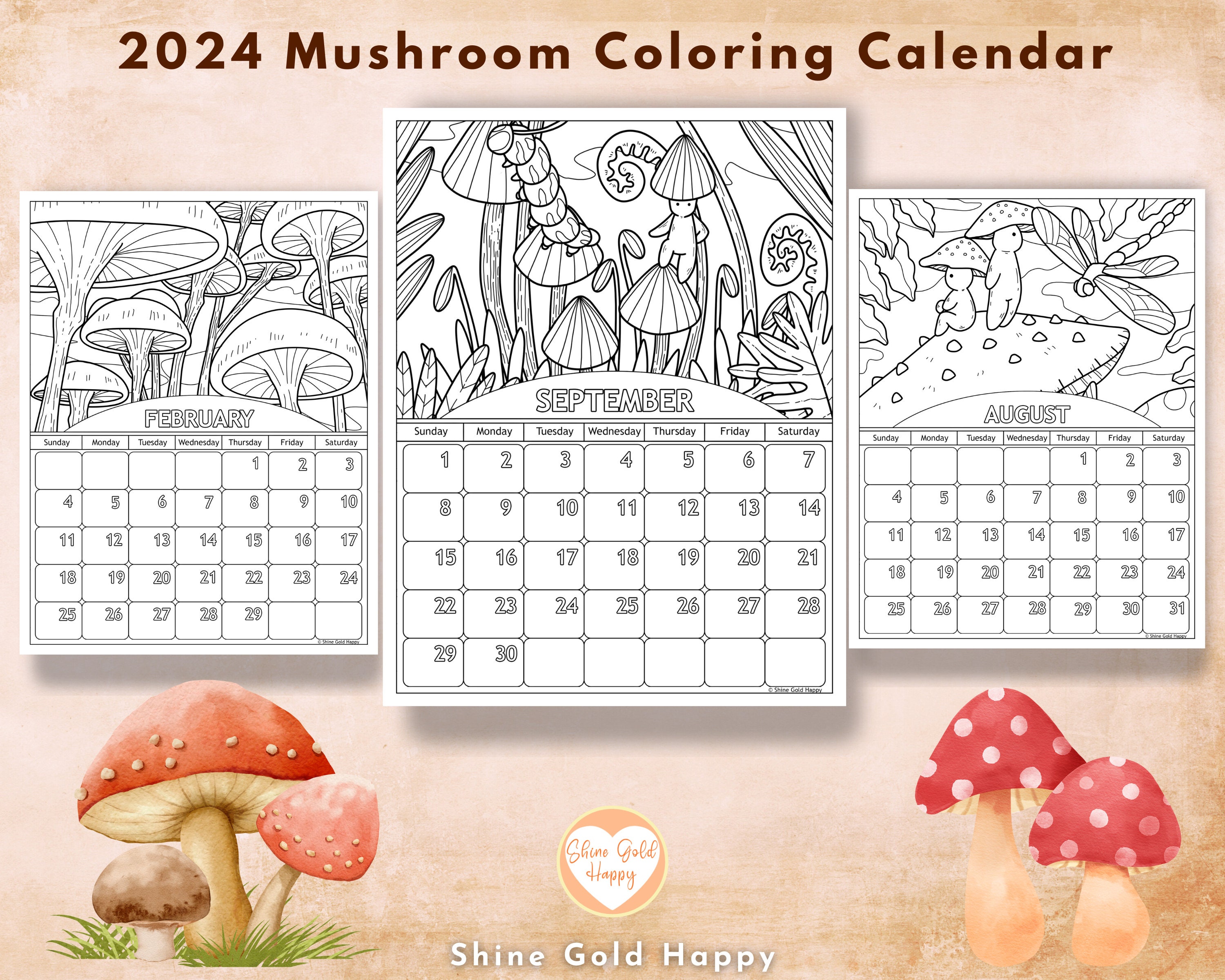 2024 Mushroom Coloring Calendar Printable Calendar 2024 PDF Digital