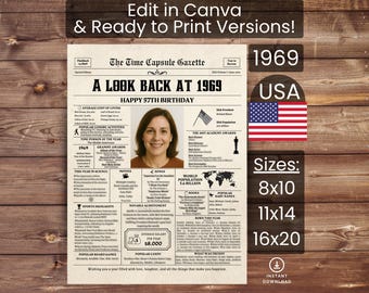 57th Birthday Poster Newspaper Canva Template, Born in 1969 USA, Sign, Party Decor, Gift, Custom Personalized Printable Instant Download