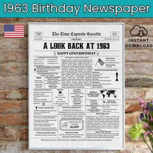 Journal du 62e anniversaire, né en 1963, cadeau de 62e anniversaire, affiche d'anniversaire, retour en 1963 aux États-Unis, imprimable téléchargement immédiat