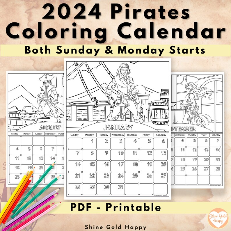 2025 Pirates Coloring Calendar, Printable Calendar 2025, PDF Digital