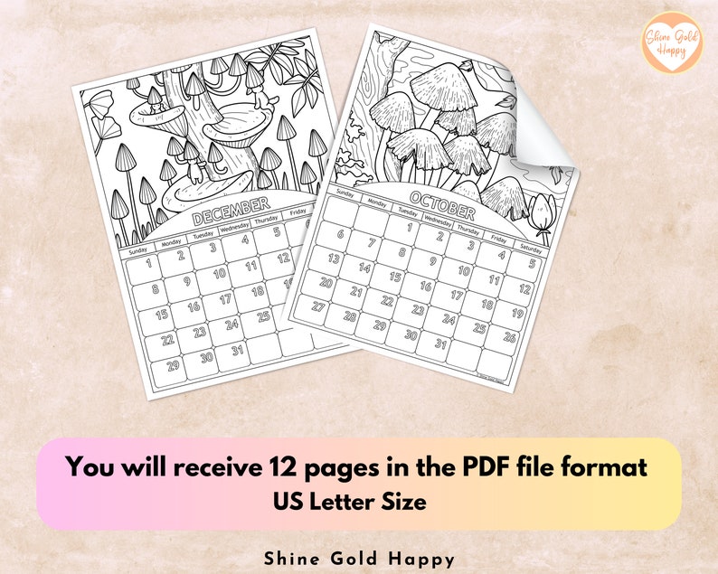 2024 Mushroom Coloring Calendar Printable Calendar 2024 PDF Digital
