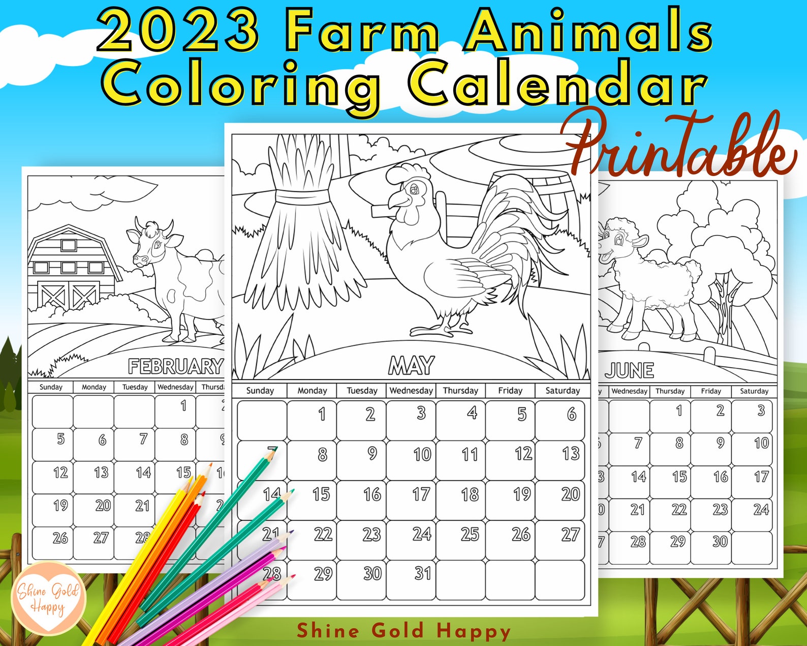 2023 Farm Animals Coloring Calendar Kids Calendar Printable - Etsy