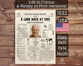 94th Birthday Poster Newspaper Canva Template, Born in 1932 USA, Sign, Party Decor, Gift, Custom Personalized Printable Instant Download