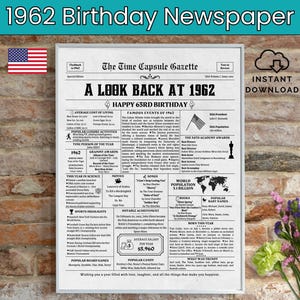 63rd Birthday Newspaper, Born in 1962, 63rd Birthday Gift, Birthday Poster, Back in 1962 USA, Printable Instant Download