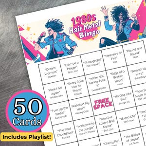 Bingo musical: bingo de metal con cabello de los años 80, glam metal, glam rock, spandex metal, descarga instantánea imprimible