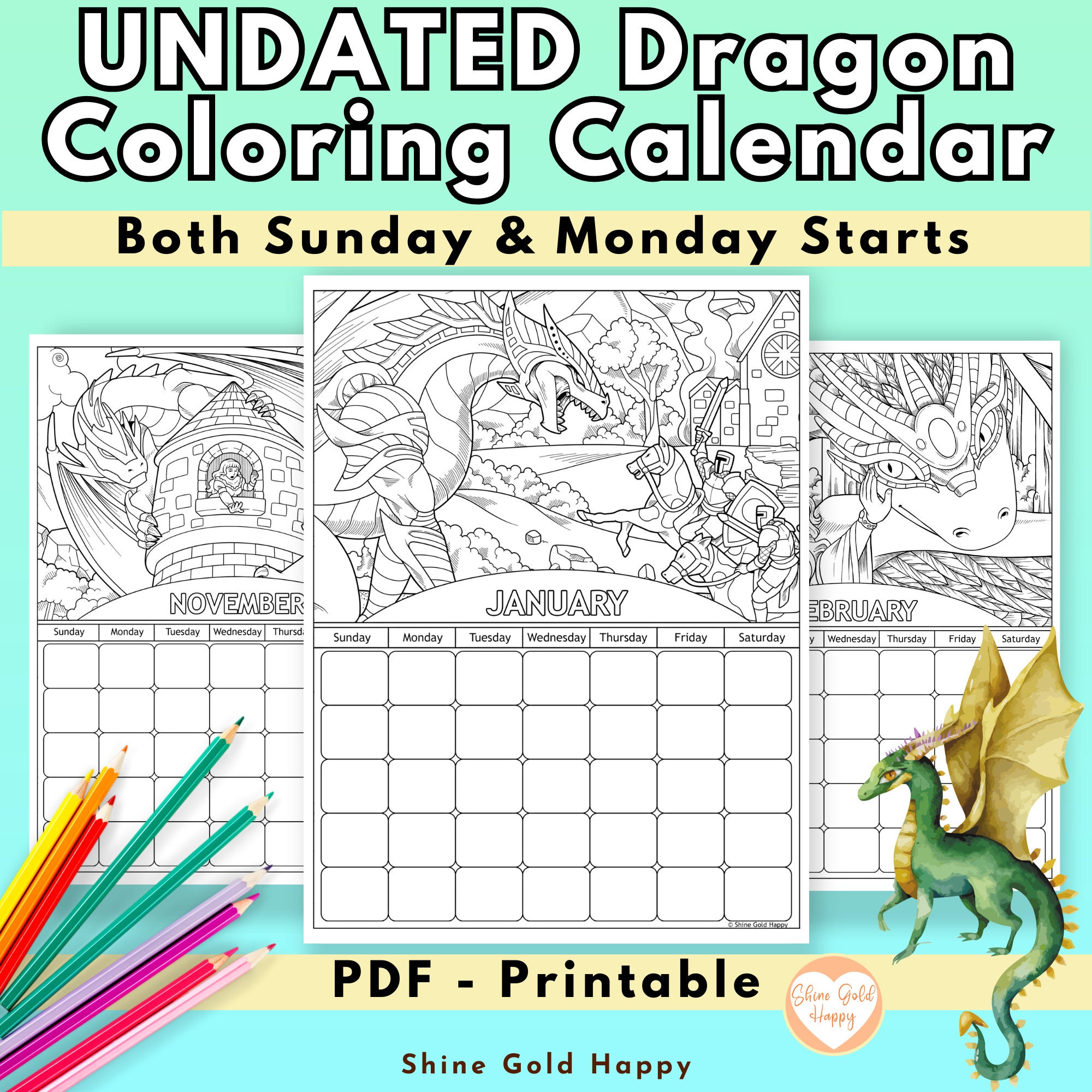 undated-dragons-coloring-calendar-printable-monthly-calendars-pdf-sunday-monday-start-etsy
