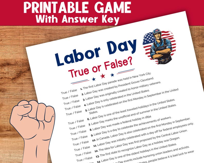 May include: A printable Labor Day true or false game with 14 questions. The game features a cartoon illustration of a man wearing a blue shirt and a red, white, and blue baseball cap. The game is designed to test your knowledge of Labor Day history and traditions.