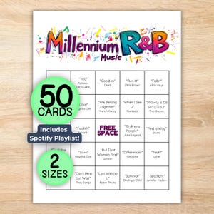 Muzyka R&B z Millennium, R&B z lat 2000., Muzyka z lat 2000., Y2K, Playlista Spotify, 50 unikalnych kart bingo, Do druku i natychmiastowego pobrania zdjęcie 1