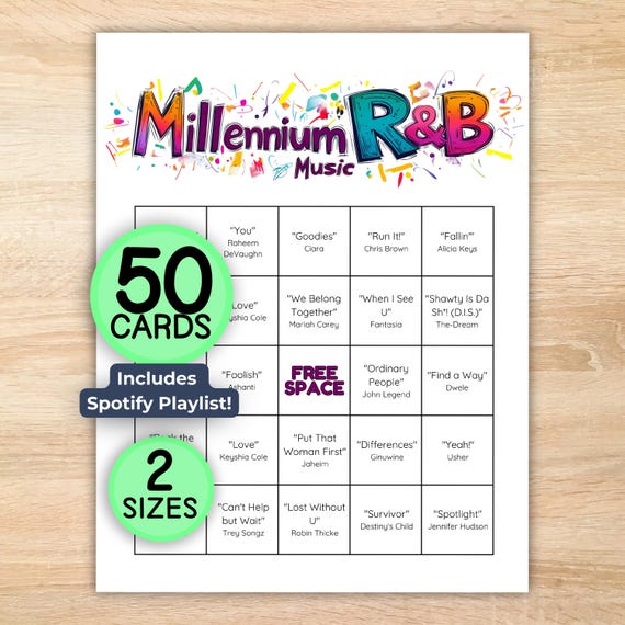 Millennium RnB Music Bingo, 2000s RnB, 2000s Music, Y2K, Spotify Playlist, 50 Unique Bingo Cards, Printable Instant Download