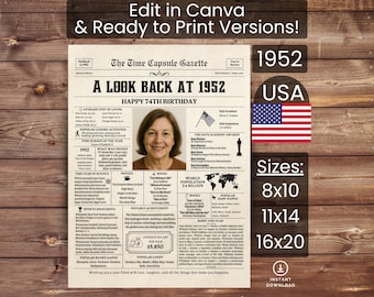 74th Birthday Poster Newspaper Canva Template, Born in 1952 USA, Sign, Party Decor, Gift, Custom Personalized Printable Instant Download