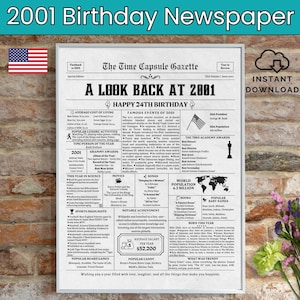 24th Birthday Newspaper, Born in 2001, 24th Birthday Gift, Birthday Poster, Back in 2001 USA, Printable Instant Download