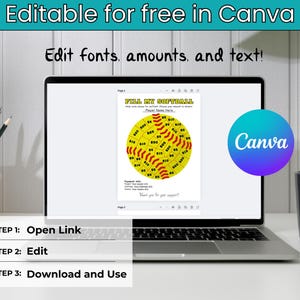 May include: A laptop displays a softball-themed fundraising graphic with text that reads "Fill My Softball." The screen also shows instructions: "Open Link," "Edit," and "Download and Use." The Canva logo is visible. The laptop is on a white desk.