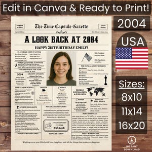 21st Birthday Newspaper Template, Poster, Back in 2004, Born in 2004, personalized birthday gift for him or her, Canva template