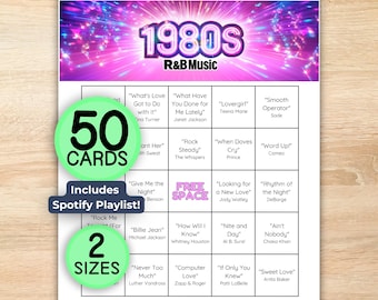 1980s RnB Music Bingo, 80s Music, Spotify Playlist, 50 Unique Bingo Cards, Printable Instant Download