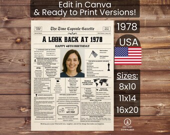 48th Birthday Poster Newspaper Canva Template, Born in 1978 USA, Sign, Party Decor, Gift, Custom Personalized Printable Instant Download