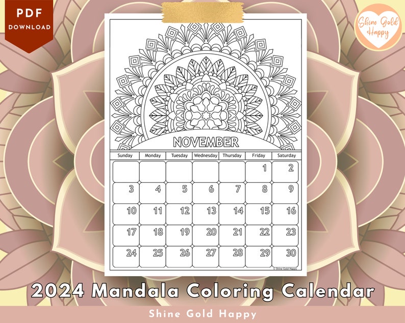 2024 Mandala Coloring Calendar, Printable Calendar 2024, PDF Digital