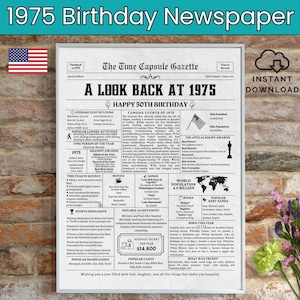 50th Birthday Newspaper, Born in 1975, 50th Birthday Gift, Birthday Poster, Back in 1975 USA, Printable Instant Download