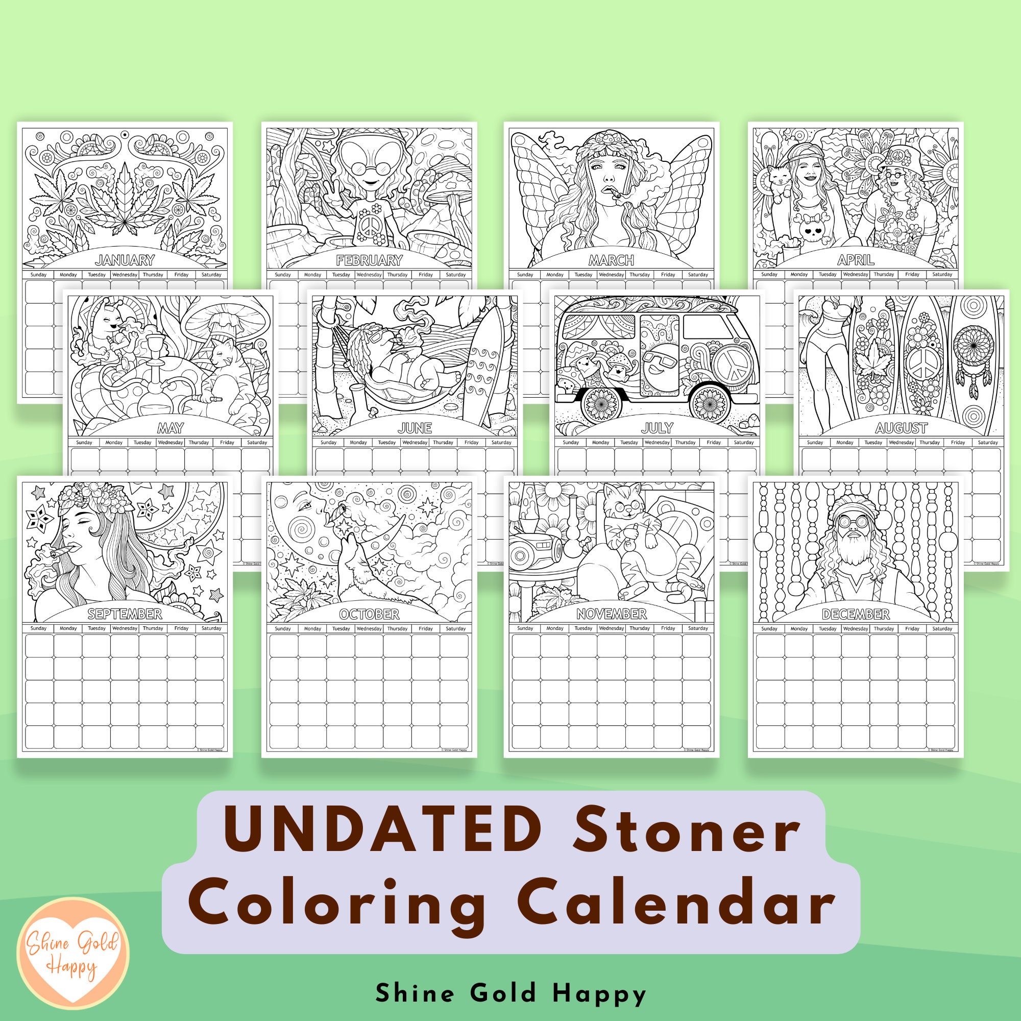 Undated Stoner Coloring Calendar, Printable Monthly Calendars PDF