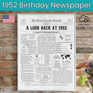 73rd Birthday Newspaper, Born in 1952, 73rd Birthday Gift, Birthday Poster, Back in 1952 USA, Printable Instant Download