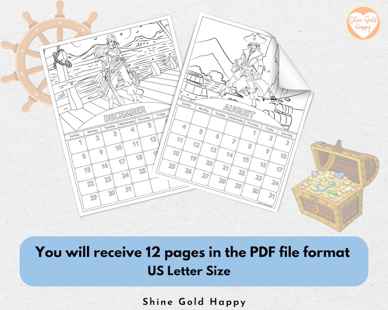 2025 Pirates Coloring Calendar, Printable Calendar 2025, PDF Digital