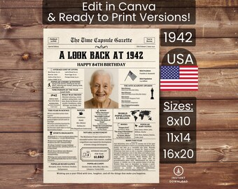 84th Birthday Poster Newspaper Canva Template, Born in 1942 USA, Sign, Party Decor, Gift, Custom Personalized Printable Instant Download