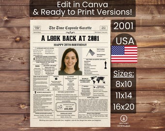 25th Birthday Poster Newspaper Canva Template, Born in 2001 USA, Sign, Party Decor, Gift, Custom Personalized Printable Instant Download