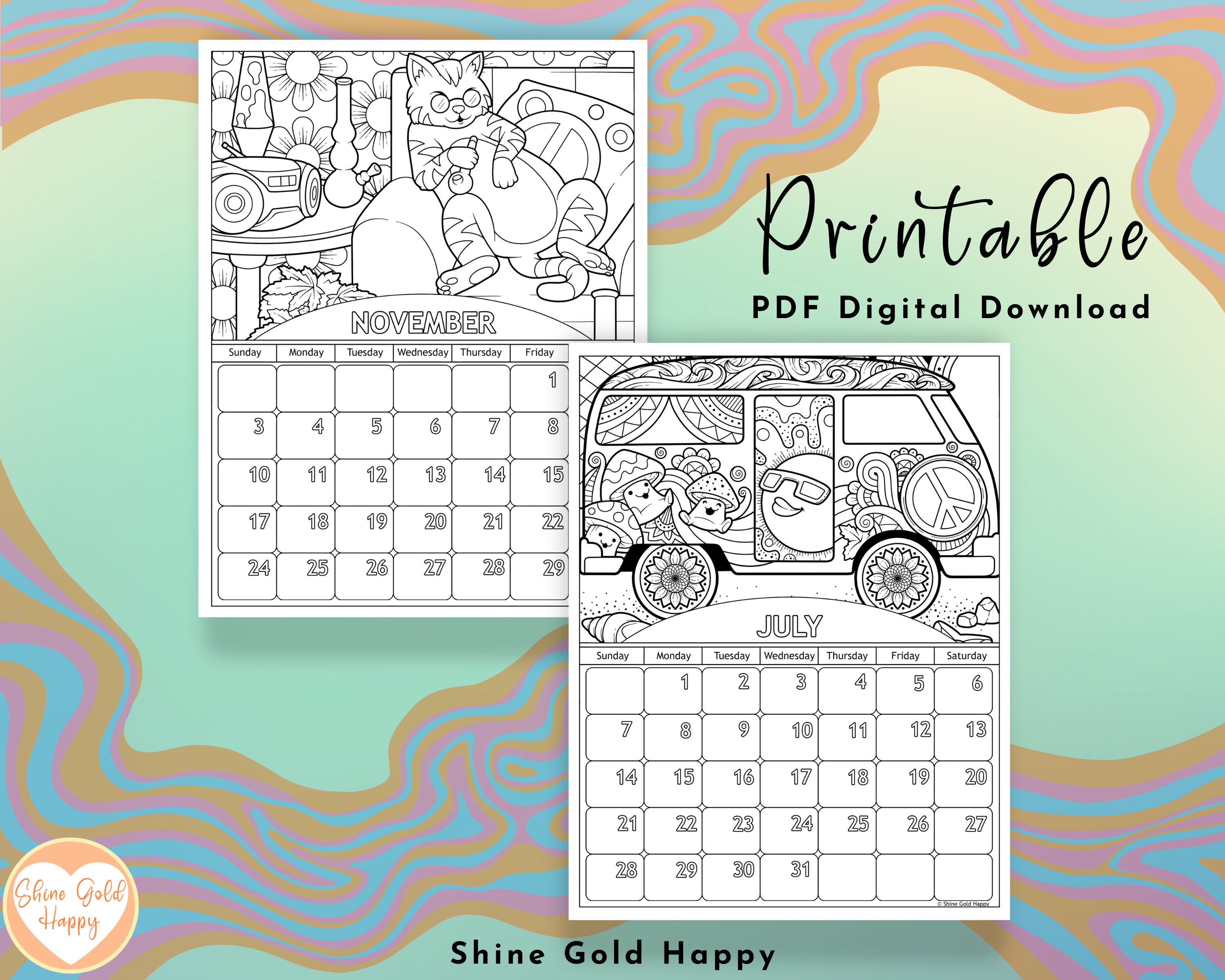 2024 Stoner Coloring Calendar, Printable Calendar 2024, PDF Digital