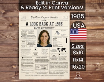 41st Birthday Poster Newspaper Canva Template, Born in 1985 USA, Sign, Party Decor, Gift, Custom Personalized Printable Instant Download