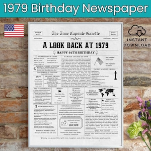 46th Birthday Newspaper, Born in 1979, 46th Birthday Gift, Birthday Poster, Back in 1979 USA, Printable Instant Download