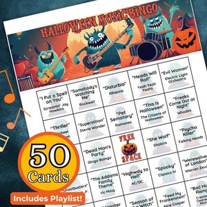 Bingo musical de Halloween, lista de reproducción de Spotify incluida, 50 tarjetas de bingo únicas, descarga instantánea e imprimible