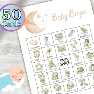 Baby Shower Bingo Moon and Stars, Printable Game, 50 Bingo Cards, Baby Shower Activity Celestial, Instant Download