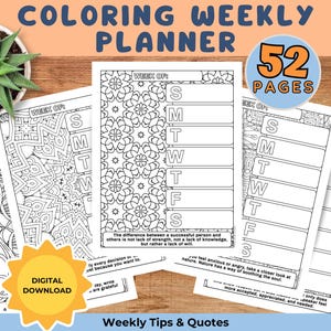 Färbung Wochenplaner, 52 Wochen Tipps und Zitate, Wochenplaner, Mandala Malseiten, Färbung Planer druckbare PDF-Sofort-Download