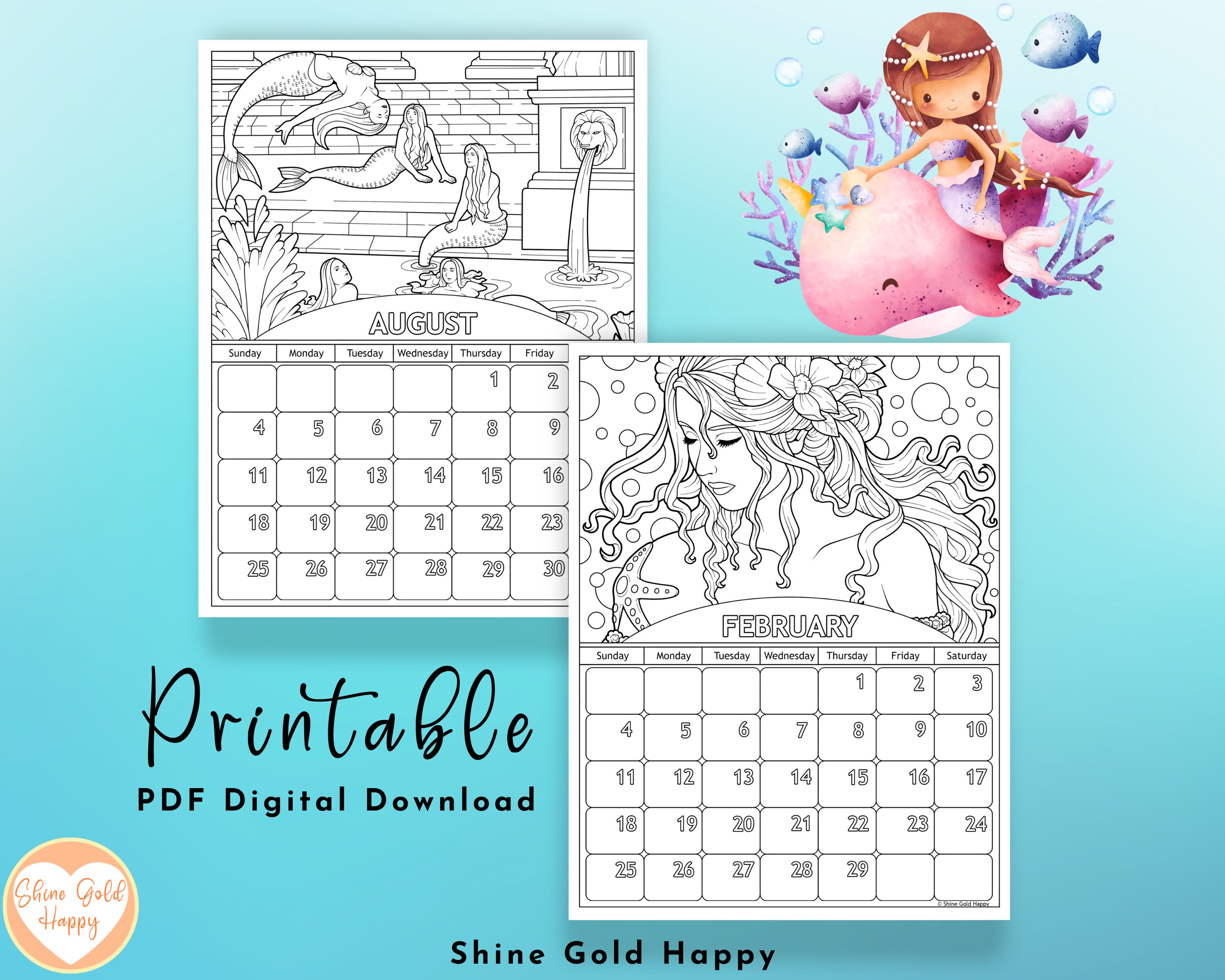 2024 Mermaids Coloring Calendar, Printable Calendar 2024, PDF Digital ...