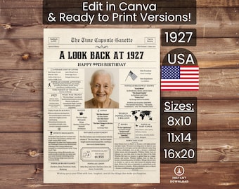 99th Birthday Poster Newspaper Canva Template, Born in 1927 USA, Sign, Party Decor, Gift, Custom Personalized Printable Instant Download
