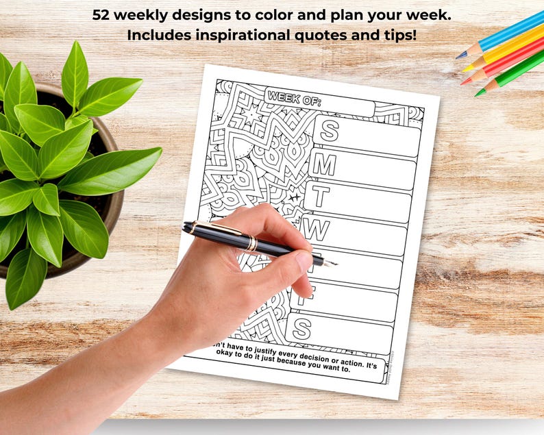 Coloring Weekly Planner, 52 Weeks Tips and Quotes, Weekly Schedule ...