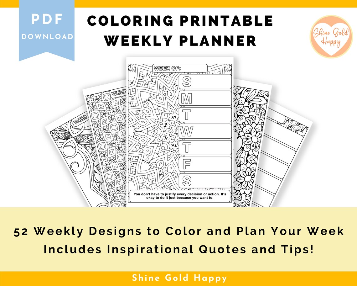 Coloring Weekly Planner Printable With Tips and Quotes 52 Weeks Digital ...