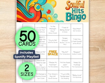 RnB Music Bingo: Soulful Hits Bingo, 1960s RnB, Motown, 60s Music, Soul Music, Spotify, 50 Unique Bingo Cards, Printable Instant Download
