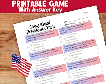 Crazy Weird Presidents Trivia, Presidents Day, Fun Facts About Past US Presidents, 20 Multiple Choice Questions, Printable Instant Download