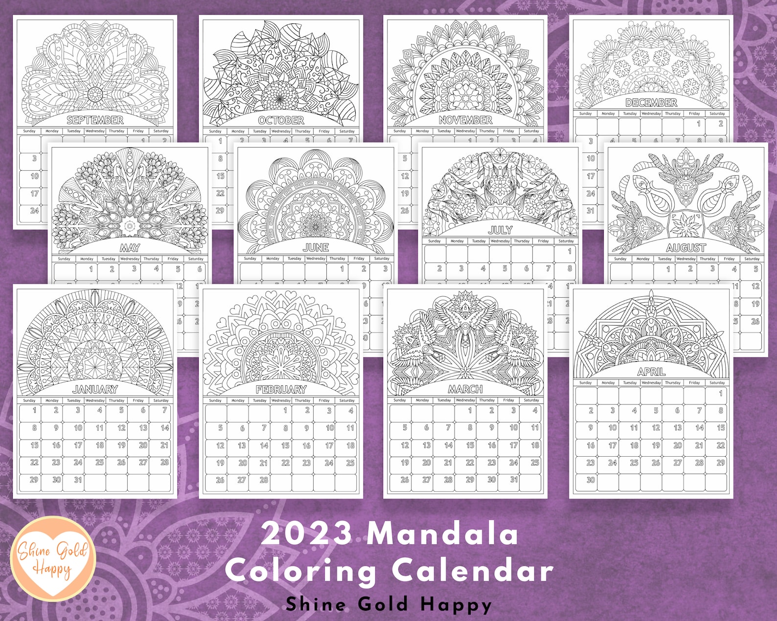 2023 Mandala Coloring Calendar Printable Calendar 2023 PDF Etsy