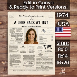52nd Birthday Poster Newspaper Canva Template, Born in 1974 USA, Sign, Party Decor, Gift, Custom Personalized Printable Instant Download