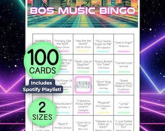 Juego de bingo musical de los 80, lista de reproducción de Spotify, 100 cartones de bingo únicos, fiesta temática de los 80, canciones de los 80, imprimible