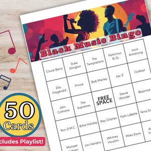 Juego de bingo de música negra para imprimir, lista de reproducción de Spotify incluida, 50 cartones de bingo, músicos negros, descarga instantánea