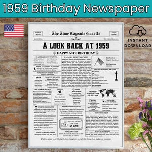 66th Birthday Newspaper, Born in 1959, 66th Birthday Gift, Birthday Poster, Back in 1959 USA, Printable Instant Download