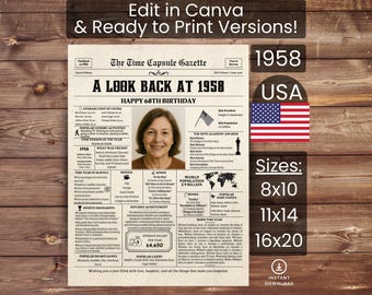 68th Birthday Poster Newspaper Canva Template, Born in 1958 USA, Sign, Party Decor, Gift, Custom Personalized Printable Instant Download