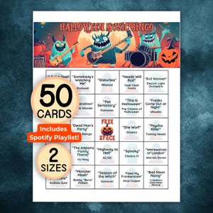 Halloween Music Bingo Game, 50 Unique Bingo Cards, Spotify Playlist 30 Songs Included, Printable Instant Download