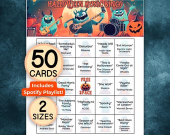 Juego de bingo musical de Halloween, 50 cartones de bingo únicos, lista de reproducción de Spotify con 30 canciones incluidas, descarga instantánea e imprimible.