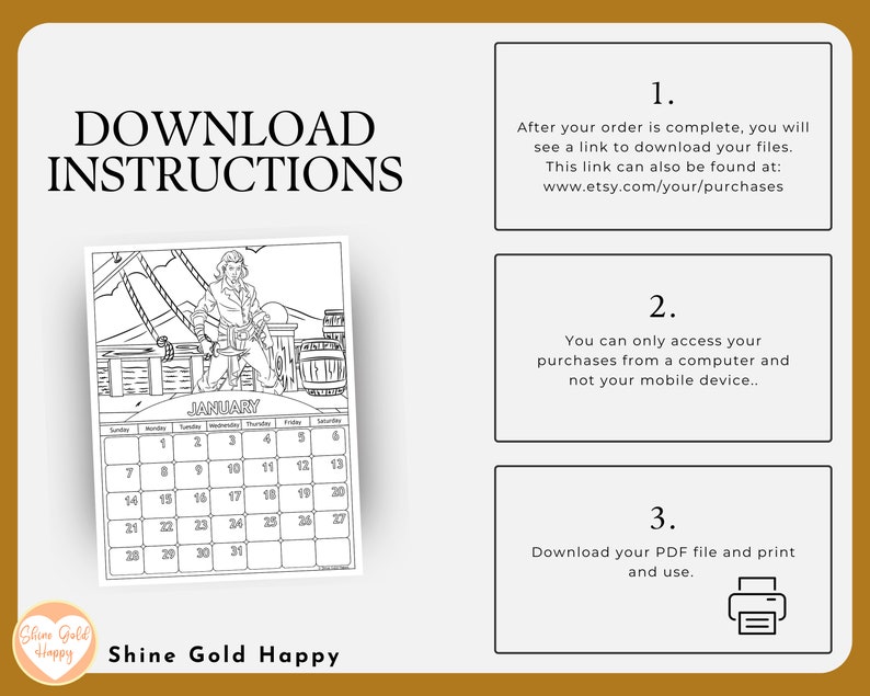 2025 Pirates Coloring Calendar, Printable Calendar 2025, PDF Digital